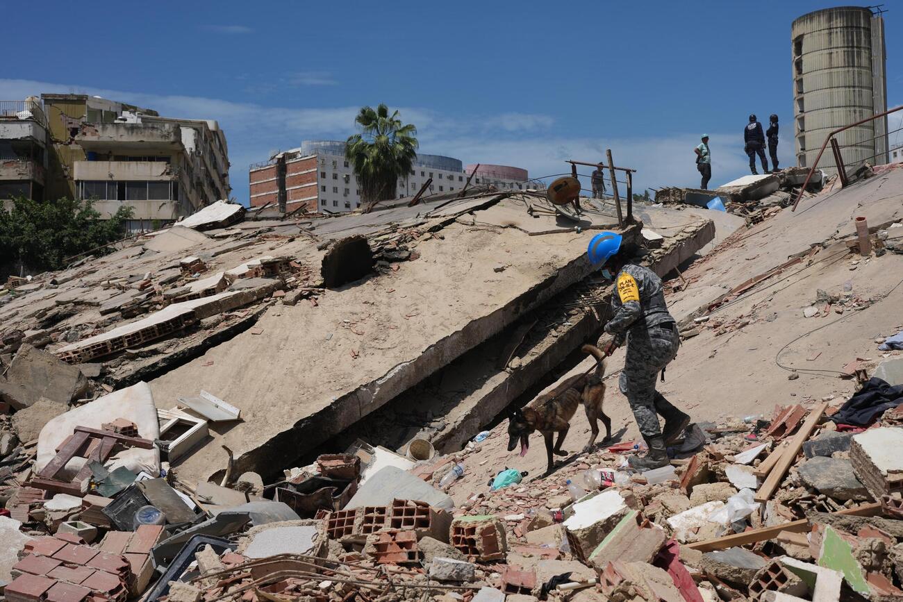 ベネズエラ・ラグアイラの被災地で、がれきの中で捜索する救急隊と犬＝27日（AP＝共同）