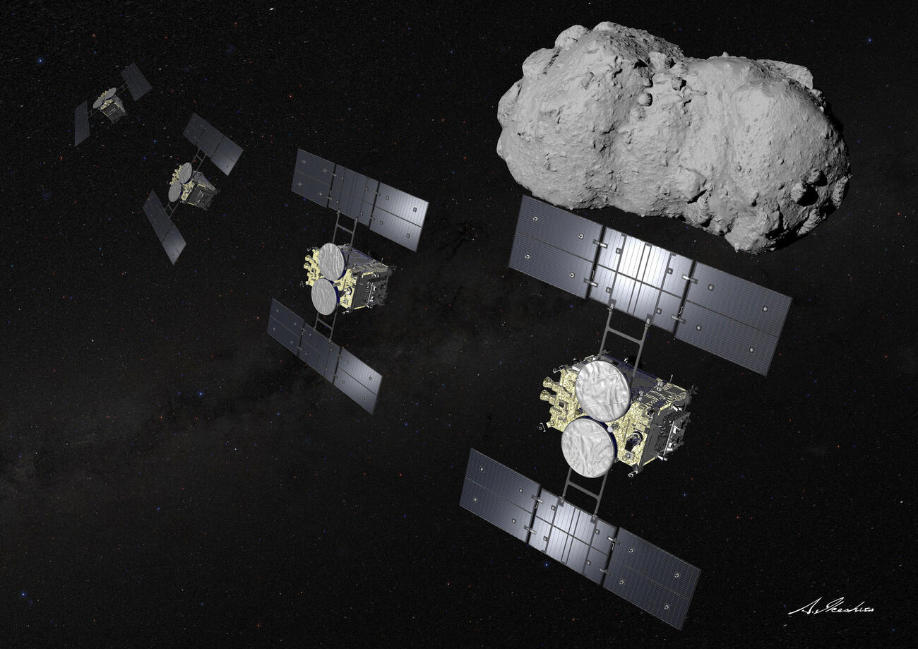 小惑星トリフネに接近してフライバイ探査をする、はやぶさ2のイメージ（池下章裕氏作成、JAXA提供）