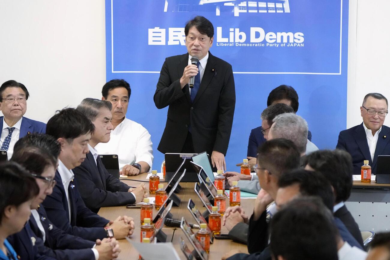 自民党の税制調査会と社会保障制度調査会の合同会議であいさつする小野寺五典税調会長（中央）（共同）