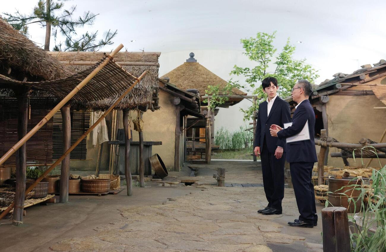 広島県立歴史博物館で、中世の港町・草戸千軒を再現した展示を見学される悠仁さま＝8日午後、広島県福山市（代表撮影）