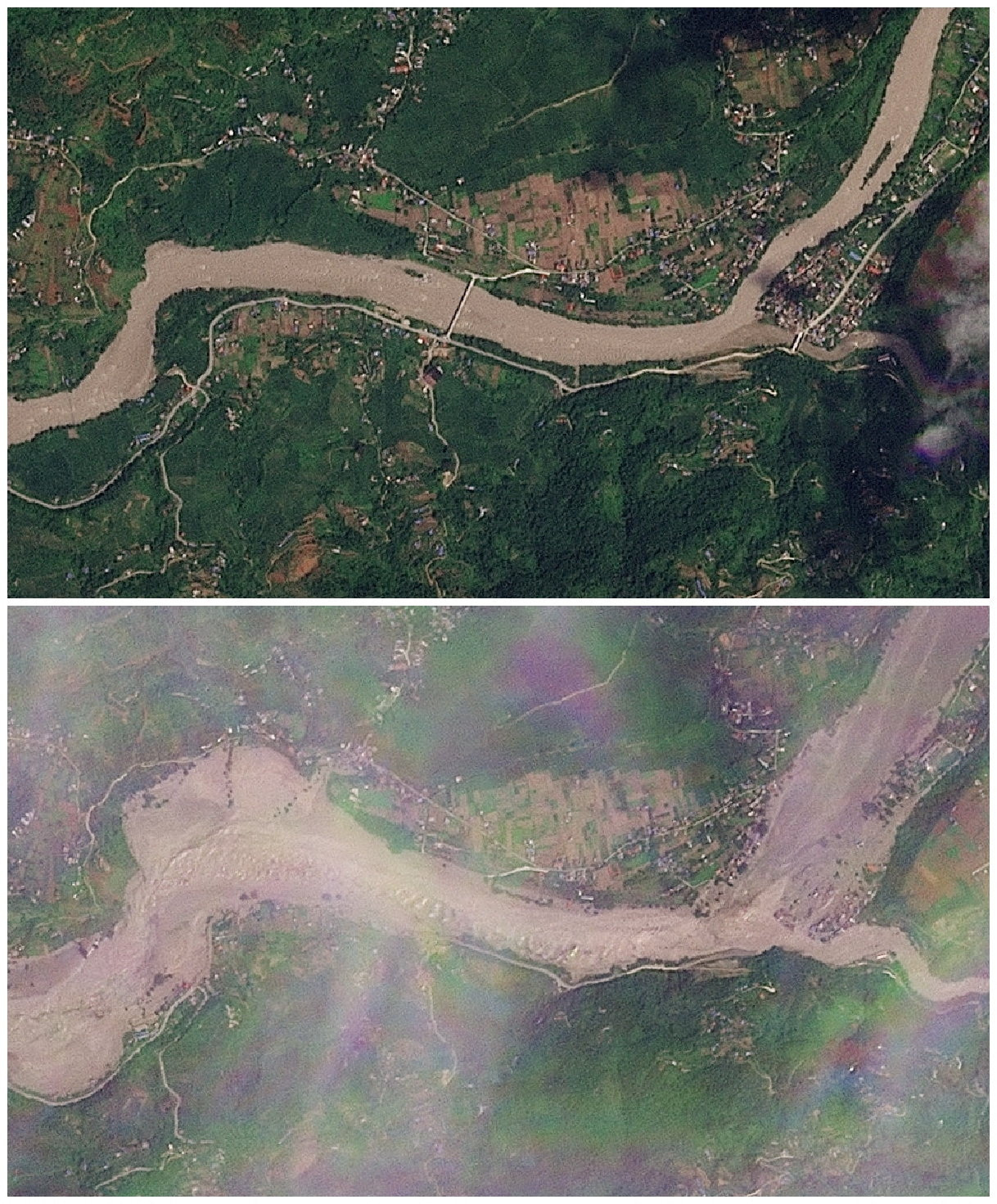 ネパールで、洪水発生前の23日（上）と発生後の26日（下）を比べた衛星写真（2026 PLANET LABS PBC提供・ロイター＝共同）