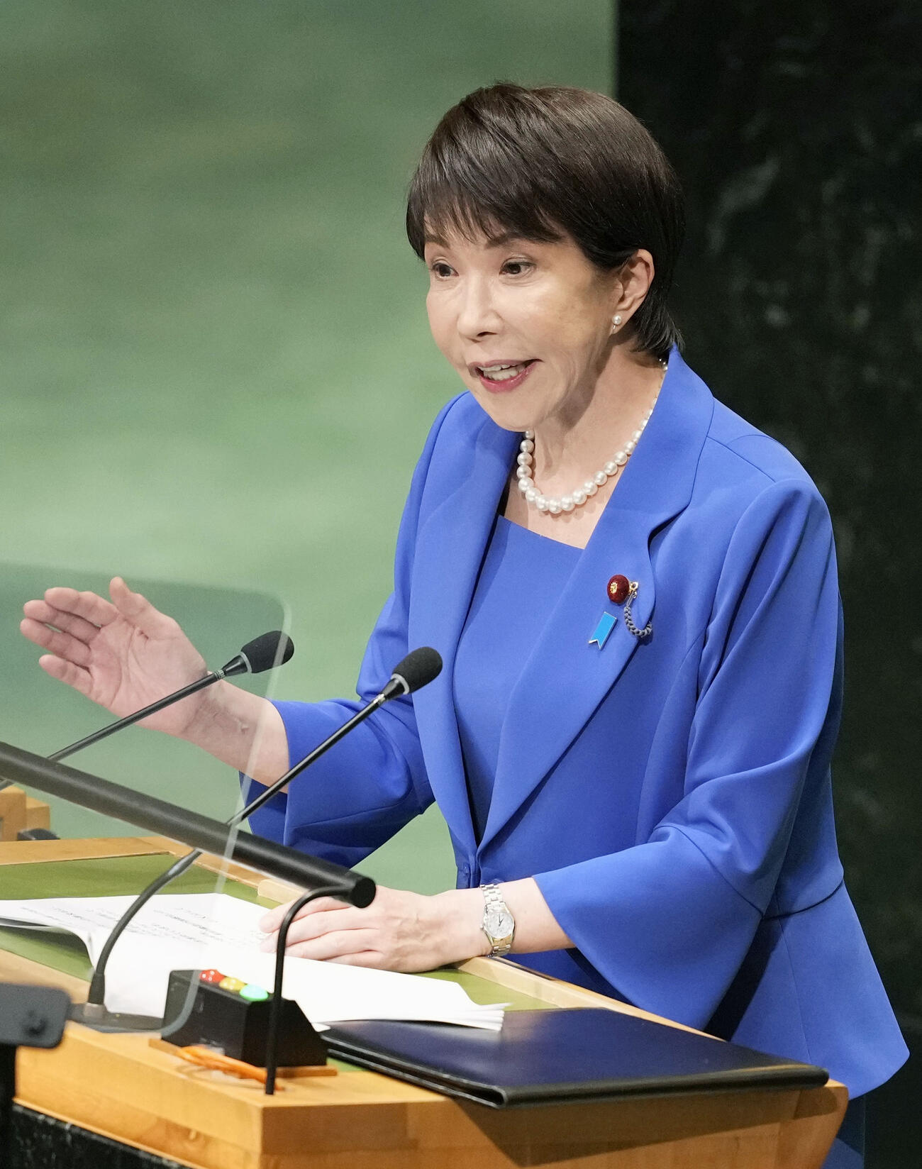 国連総会の一般討論演説を行う高市首相＝22日、米ニューヨーク（共同）