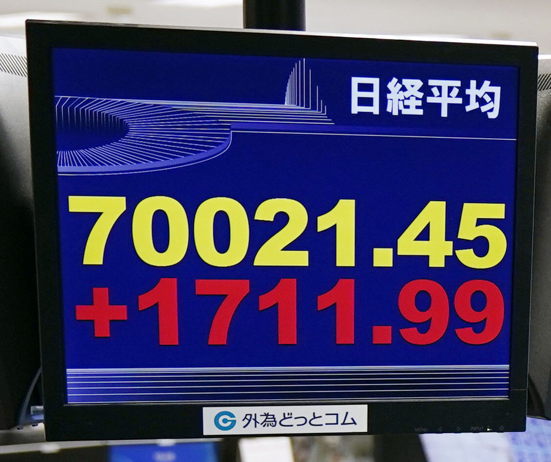 約3カ月ぶりに7万円を回復した日経平均株価を示すモニター＝5日午前、東京都港区の外為どっとコム（共同）