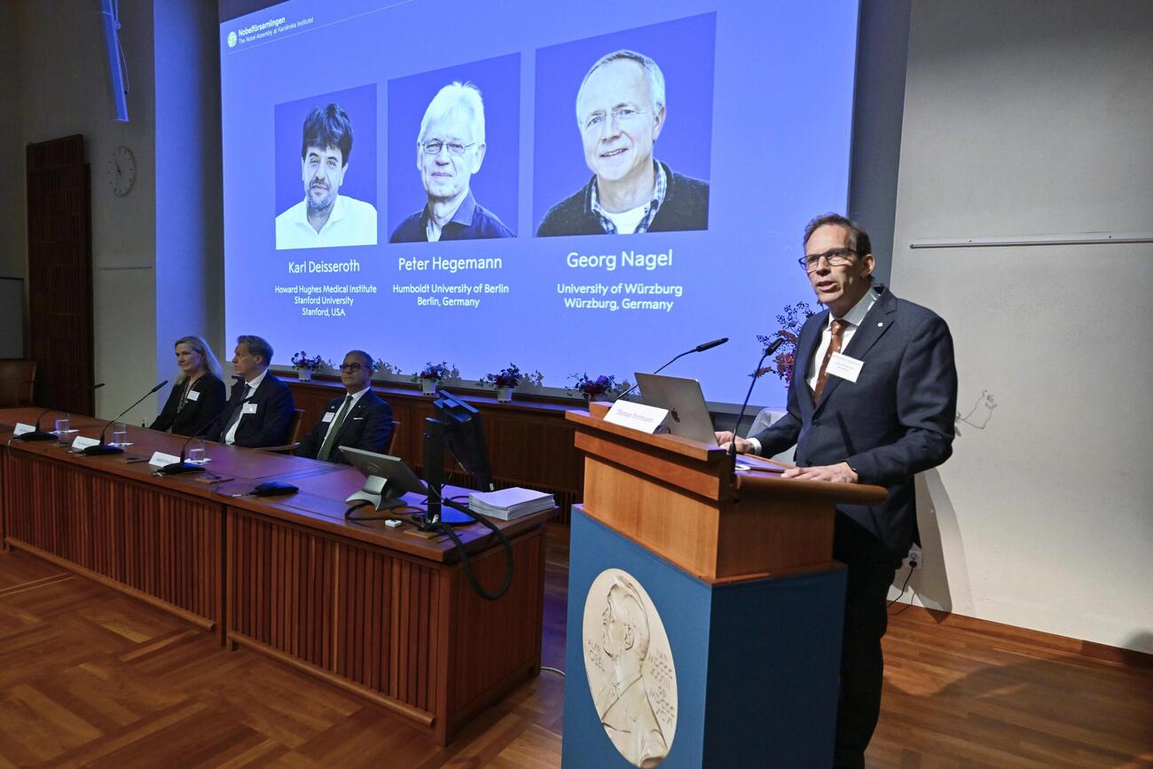 ノーベル生理学・医学賞を（スクリーン左）カール・ダイセロス教授ら3人らに授与すると発表した記者会見＝5日、ストックホルム（TT通信提供・AP＝共同）