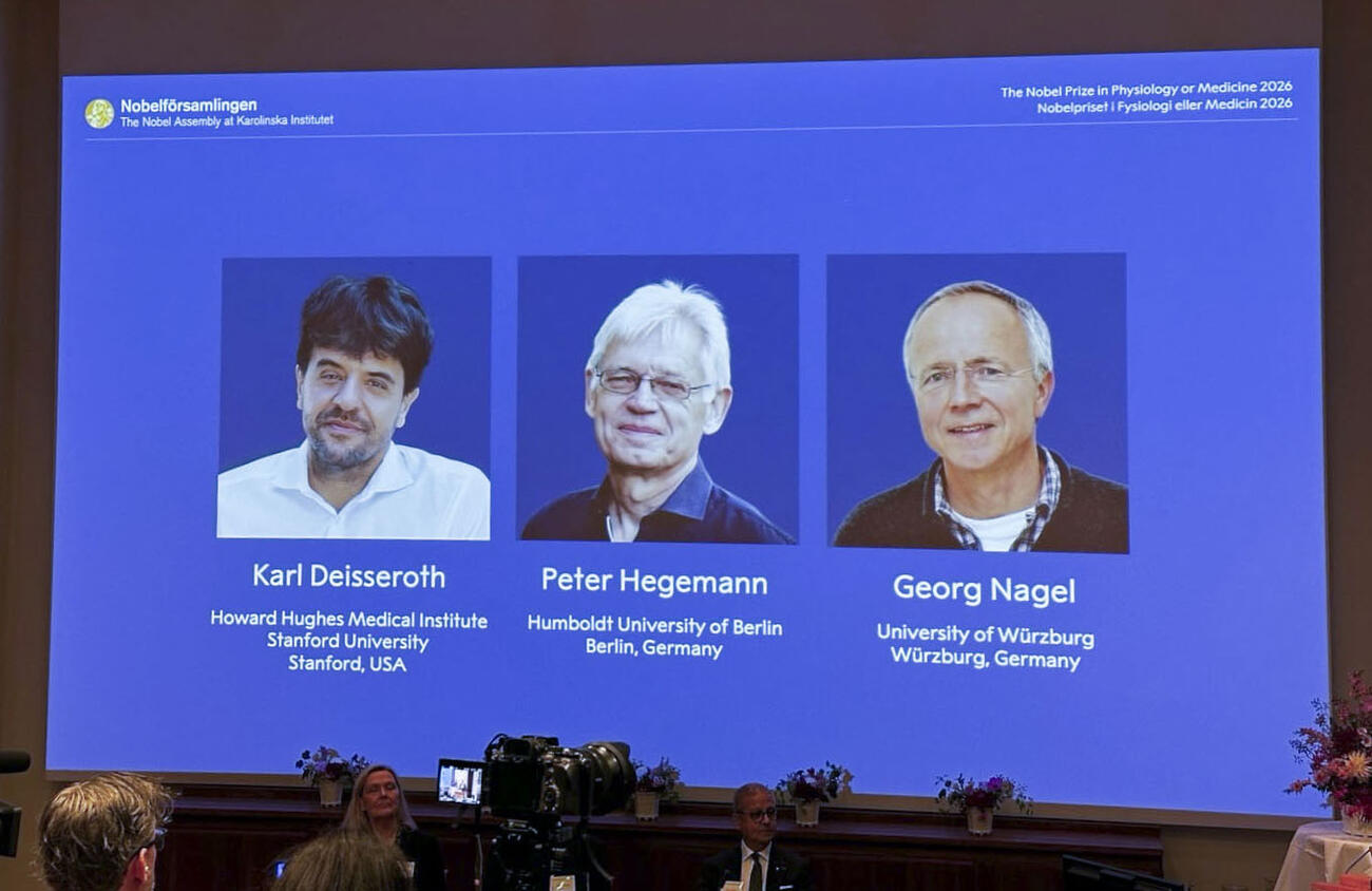 ノーベル生理学・医学賞の受賞者発表記者会見でスクリーンに映し出された（左から）カール・ダイセロス教授、ペーター・ヘーゲマン教授、ゲオルク・ナーゲル教授＝5日、ストックホルム（共同）