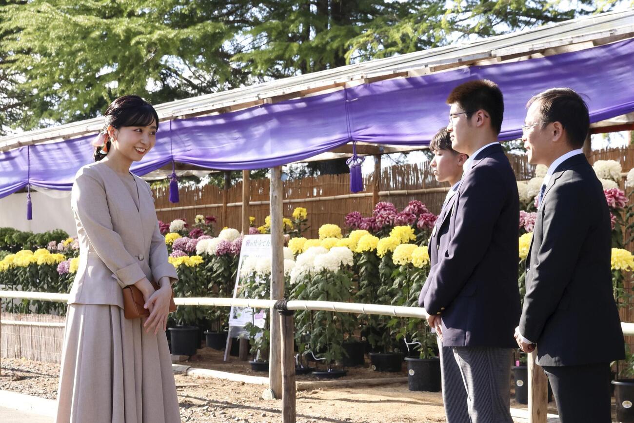菊の花の展示を視察される佳子さま＝6日午後、京都府京丹波町（代表撮影）(共同)