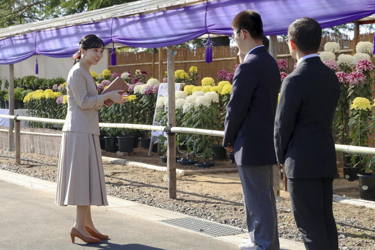 菊の花の展示を視察される佳子さま＝6日午後、京都府京丹波町（代表撮影）(共同)