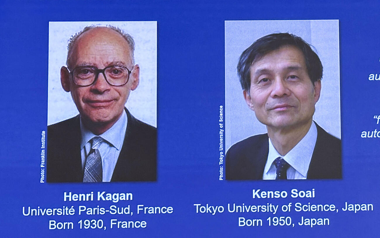 ノーベル化学賞の受賞者発表記者会見で、スクリーンに映し出された硤合憲三・東京理科大名誉教授（右）ら＝7日、ストックホルム（共同）