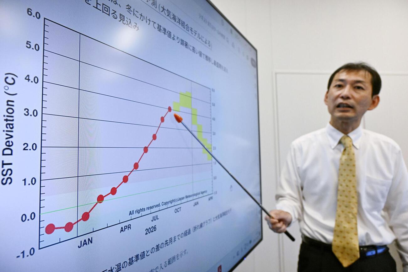 エルニーニョ監視海域での海面水温について説明する気象庁の担当者（共同）