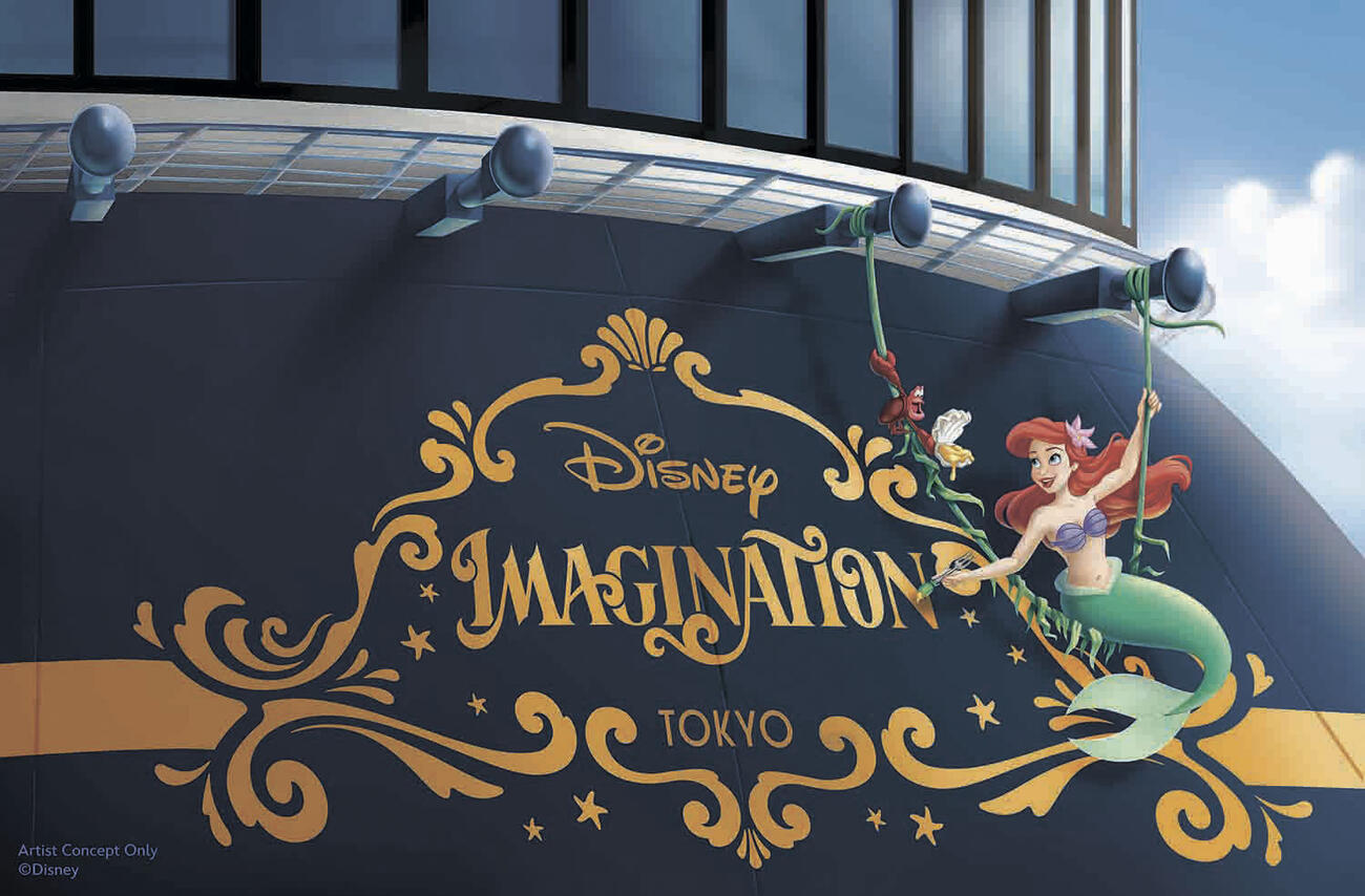 オリエンタルランドのクルーズ船事業「ディズニークルーズ」に使う船「ディズニー・イマジネーション」の船尾のロゴイメージ（共同）