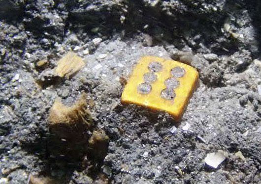 鎌倉時代の元寇船から見つかったサイコロのような物＝21日、長崎県松浦市の鷹島沖（松浦市教育委員会提供）