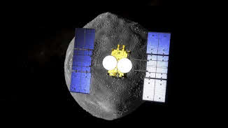 小惑星「りゅうぐう」に向かう「はやぶさ2」のイメージ図。（C）JAXA