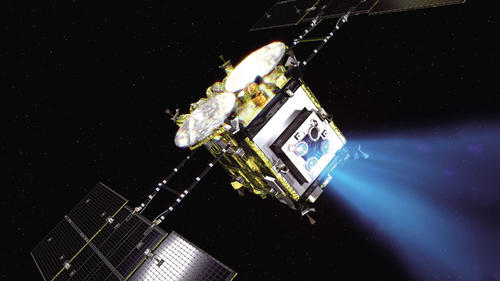 イオンエンジンで運転を行いながら、小惑星「りゅうぐう」に向かう「はやぶさ2」のイメージ図（C）JAXA