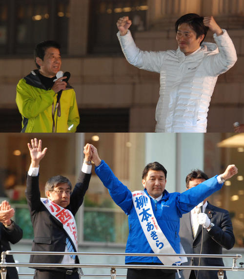 最後の訴えをした松井一郎氏（左）、吉村洋文氏（写真上）、と小西禎一氏（左）と柳本顕氏（撮影・松浦隆司）
