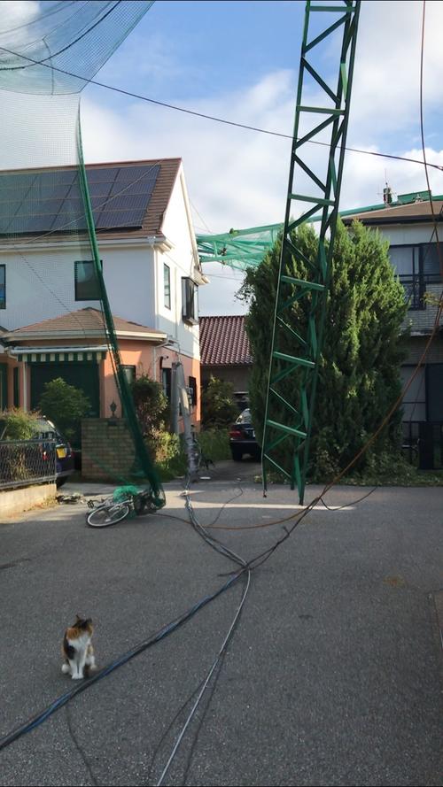 台風15号通過から1カ月経過した現在も、近隣住宅に倒れ込んだ市原ゴルフ練習場「市原ゴルフガーデン」の鉄柱やネットは撤去されずにいる