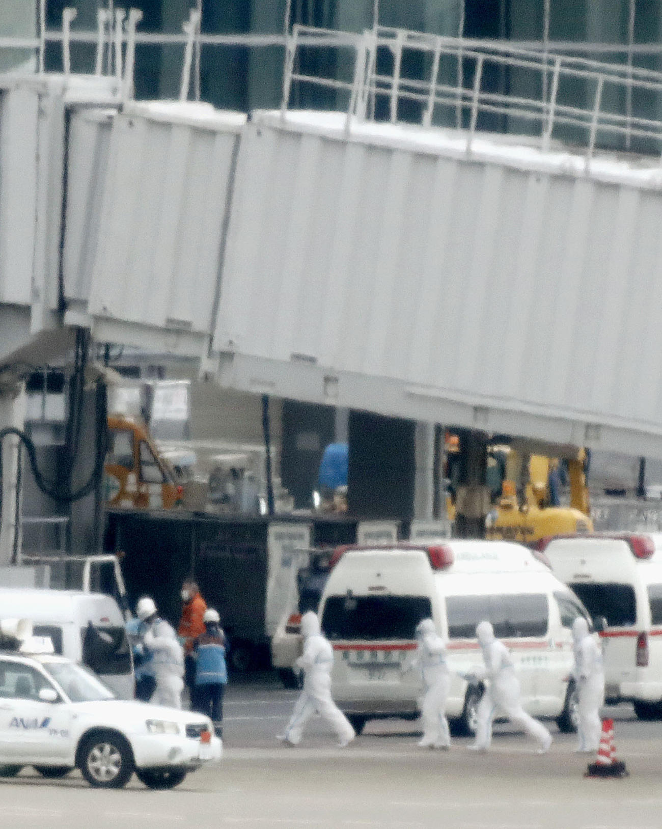 中国・武漢から政府チャーター機が羽田空港に到着、防護服姿で作業する関係者（共同）