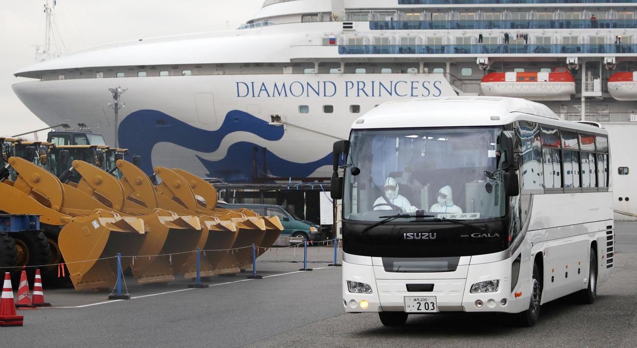 クルーズ船「ダイヤモンド・プリンセス」から埼玉県和光市の税務大学校に向け出発するバス。陰性が確認された80歳以上の希望者の下船が始まった（共同）