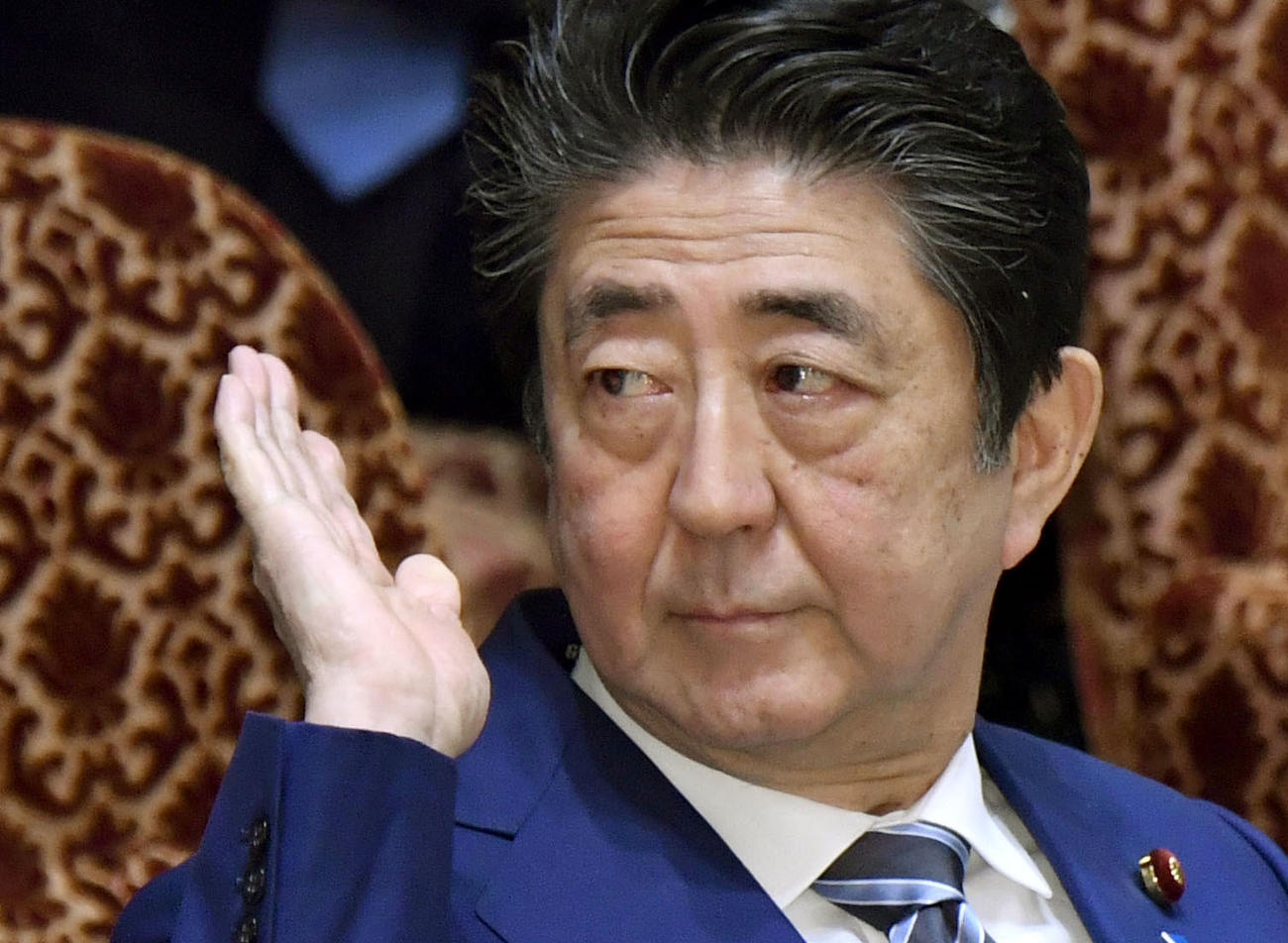 参院予算委で答弁のため挙手する安倍首相（共同）