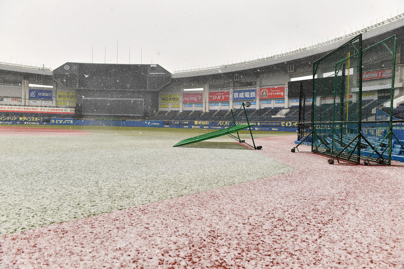 雪に埋もれたZOZOマリンスタジアム（撮影・柴田隆二）