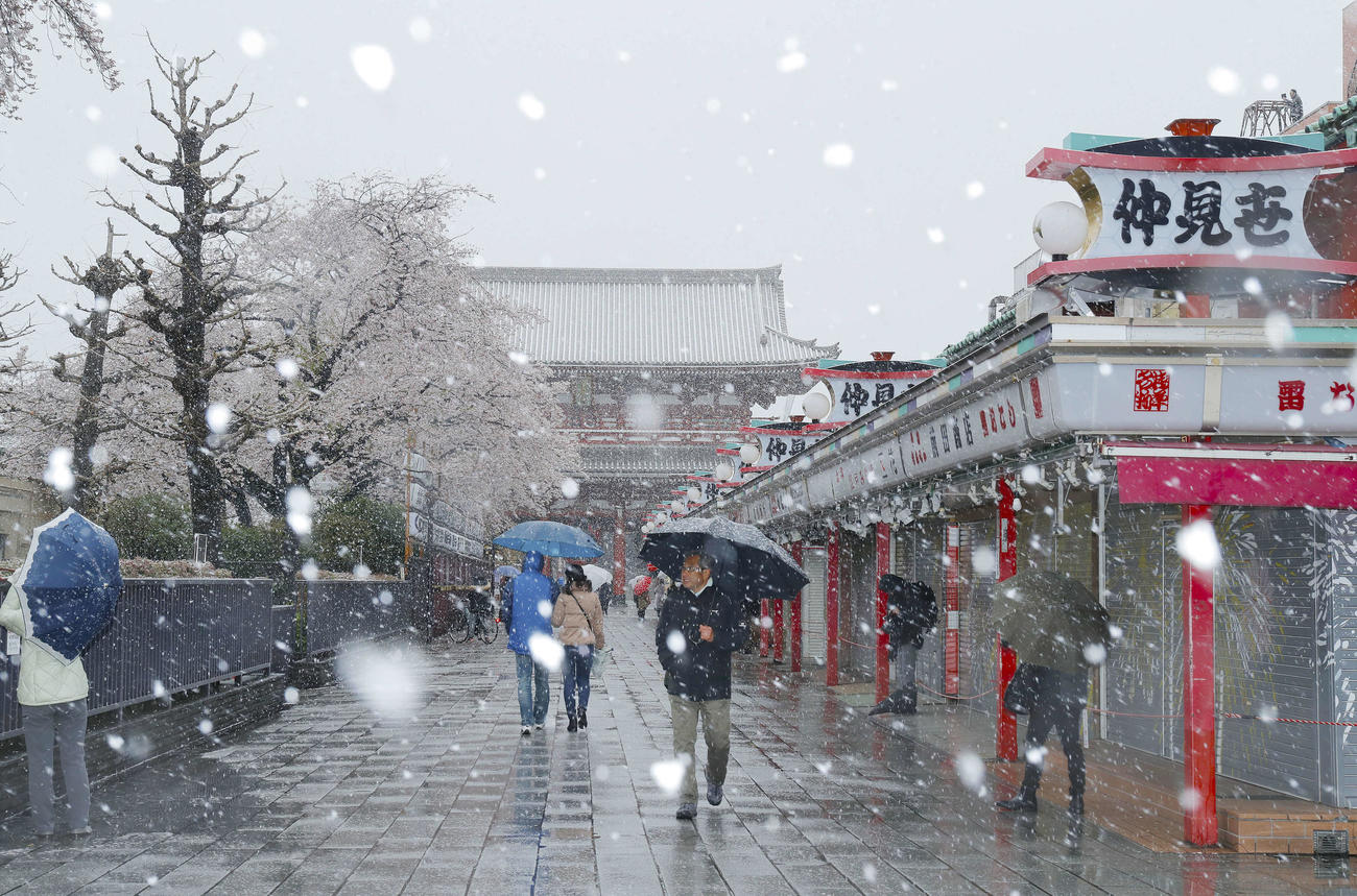 不要不急の外出自粛の週末に雪が降り閑散とする浅草・仲見世通り（撮影・河田真司）