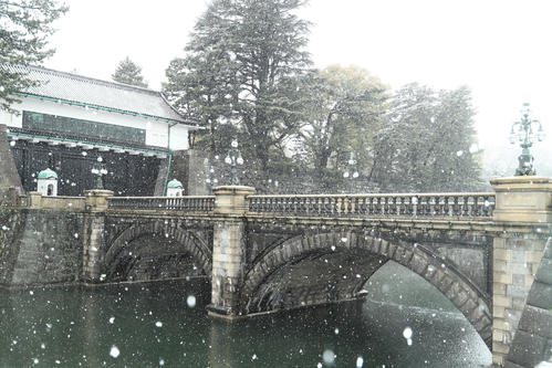 激しく雪の降る皇居・二重橋（撮影・足立雅史）