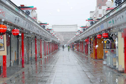 不要不急の外出自粛の週末に雪が降り閑散とする浅草・仲見世通り（撮影・河田真司）