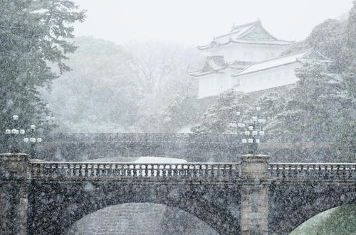 激しく雪の降る皇居・二重橋（撮影・足立雅史）
