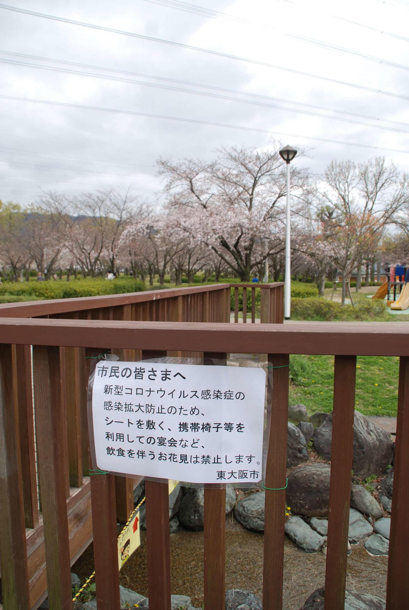 東大阪市の花園中央公園の「飲食を伴う花見は禁止」を伝える貼り紙（撮影・松浦隆司）
