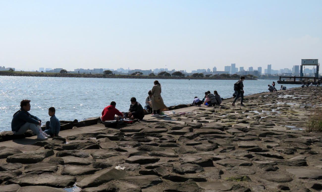 葛西臨海公園でザリガニ釣りをする人々（撮影・佐藤勝亮）