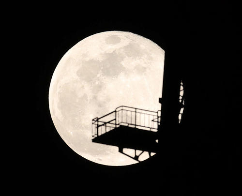 2020年で地球に最も近く、いつもより大きく明るく輝いて見える満月「スーパームーン」。手前は緊急事態宣言を受け8日から臨時休館となった東京タワー＝8日午後7時52分（撮影・江口和貴）