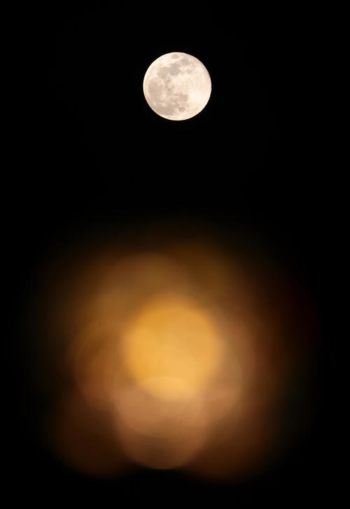 緊急事態宣言発効後初めての夕暮れ、さいたま市内の街灯の奥にはスーパームーンと呼ばれる月が明るく輝いていた（撮影・浅見桂子）
