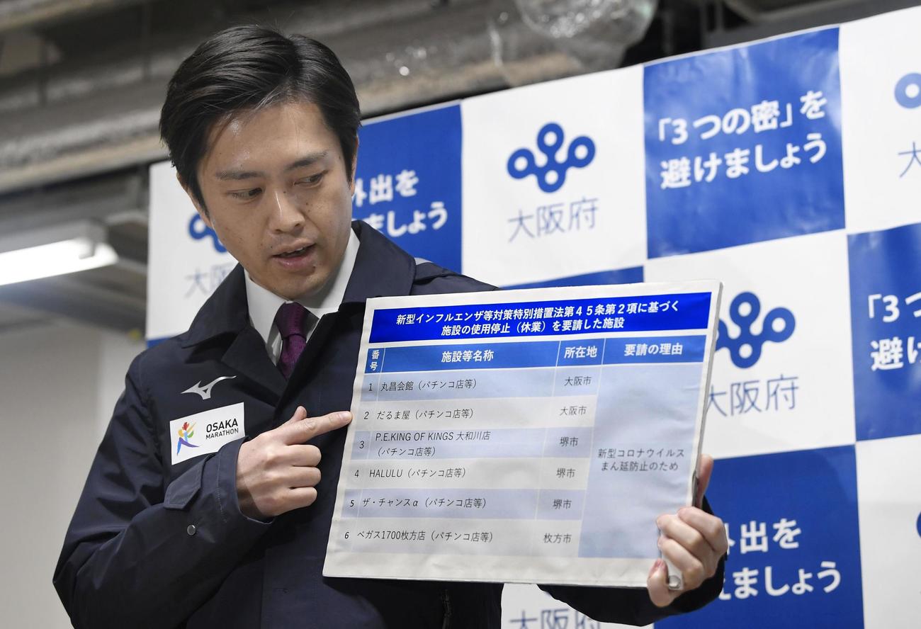 休業要請に応じていないパチンコ店名を公表する大阪府の吉村洋文知事（共同）