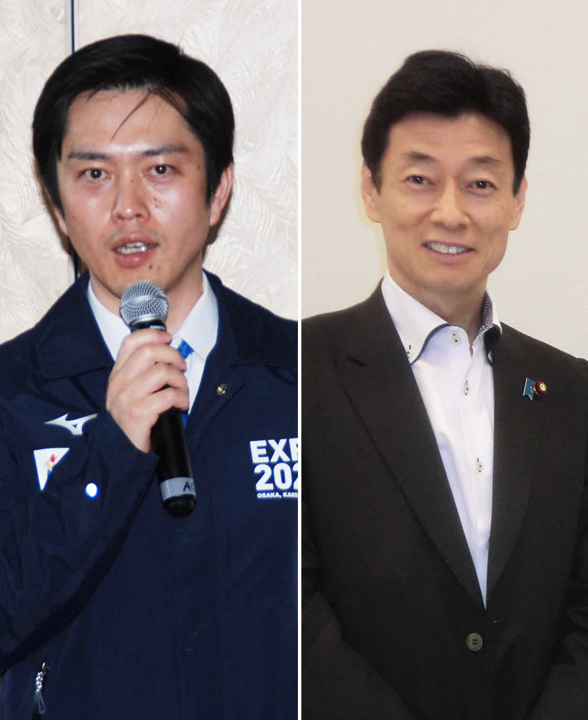 大阪府の吉村洋文知事（左）、西村康稔経済再生担当相