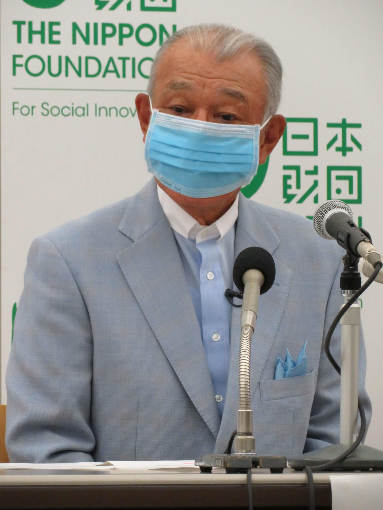 新型コロナウイルス対策支援策に関する会見を行った日本財団の笹川陽平会長（撮影・近藤由美子）