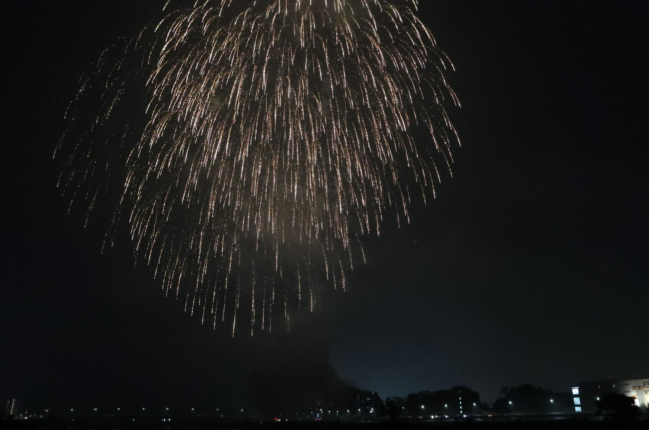 午後8時すぎ小雨が降る中、多摩川上空に約2分間、花火が打ち上げられた。新型コロナウイルスの収束を祈願した「全国一斉悪疫退散祈願Cheer　Up！花火プロジェクト」として全約国160の事業者が思いを届けた（撮影・狩俣裕三）
