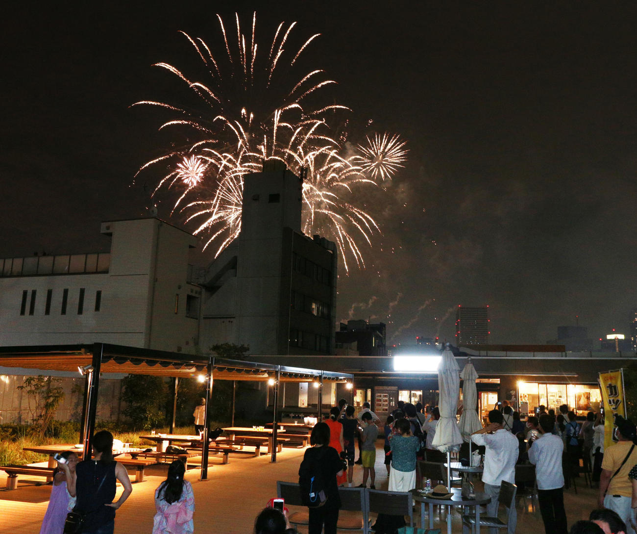築地市場跡から打ち上がる花火（撮影・中島郁夫）