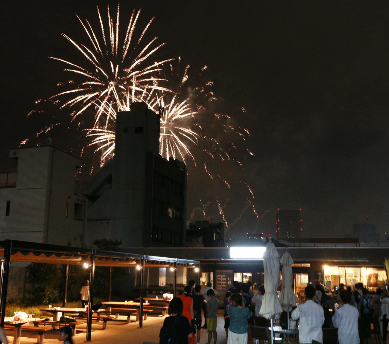 築地市場跡から打ち上がる花火（撮影・中島郁夫）