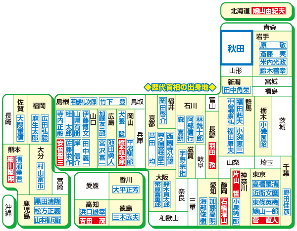 歴代首相の出身地（白抜きは出身と実際の出身が異なる首相）