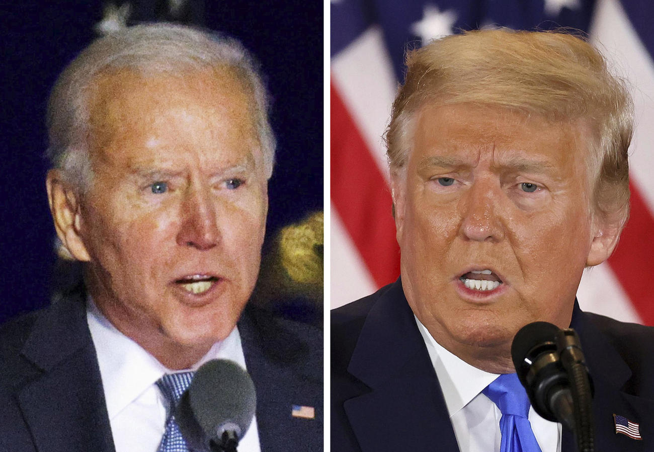 4日、米大統領選の開票が進む中、デラウェア州で演説する民主党のバイデン前副大統領（左、ロイター＝共同）とワシントンのホワイトハウスで演説する共和党のトランプ大統領（ゲッティ＝共同）