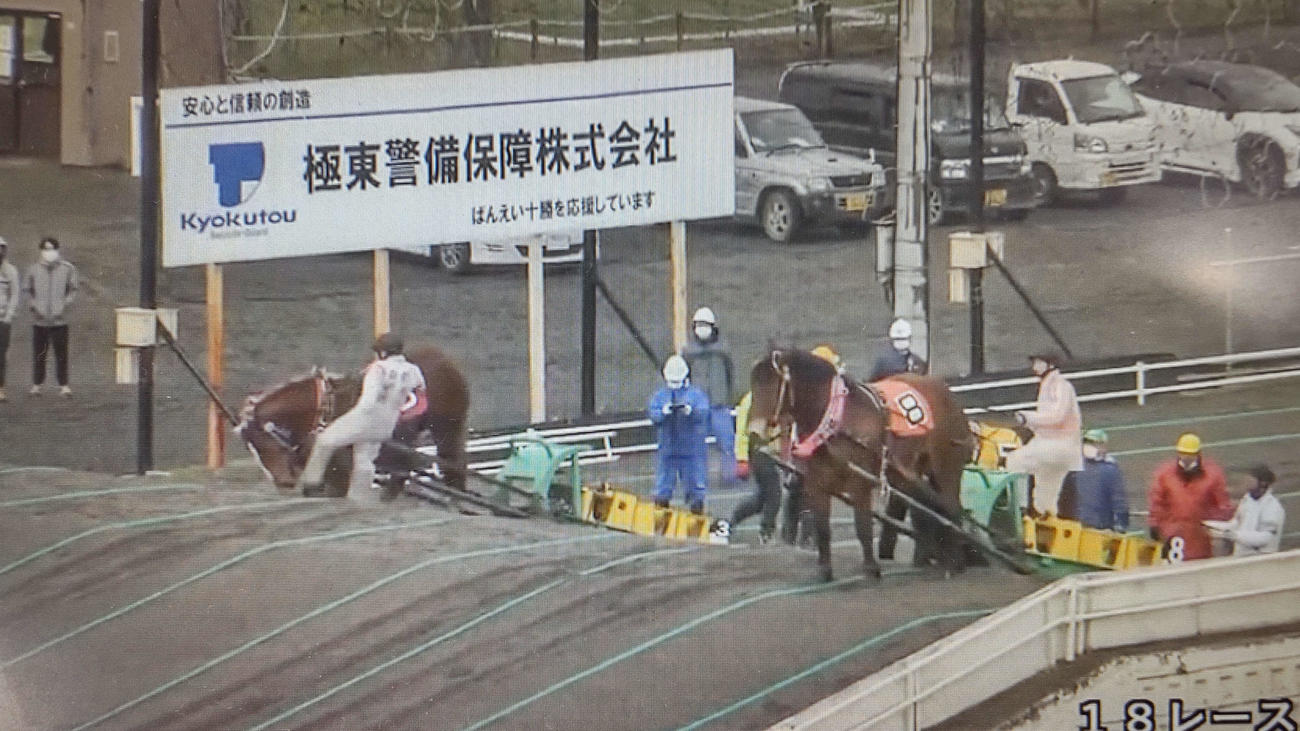 鈴木恵介騎手が馬を蹴り上げたシーン（ばんえい競馬公式HPの動画より）