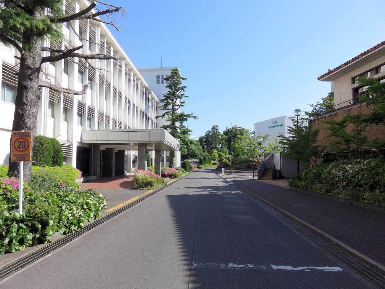 玉川学園キャンパス内の町田市と横浜市の境界線となる道路。右は町田市の経塚オフィス棟やレタスなどを栽培するLED農園、左は横浜市の大学8号館（撮影・鎌田直秀）