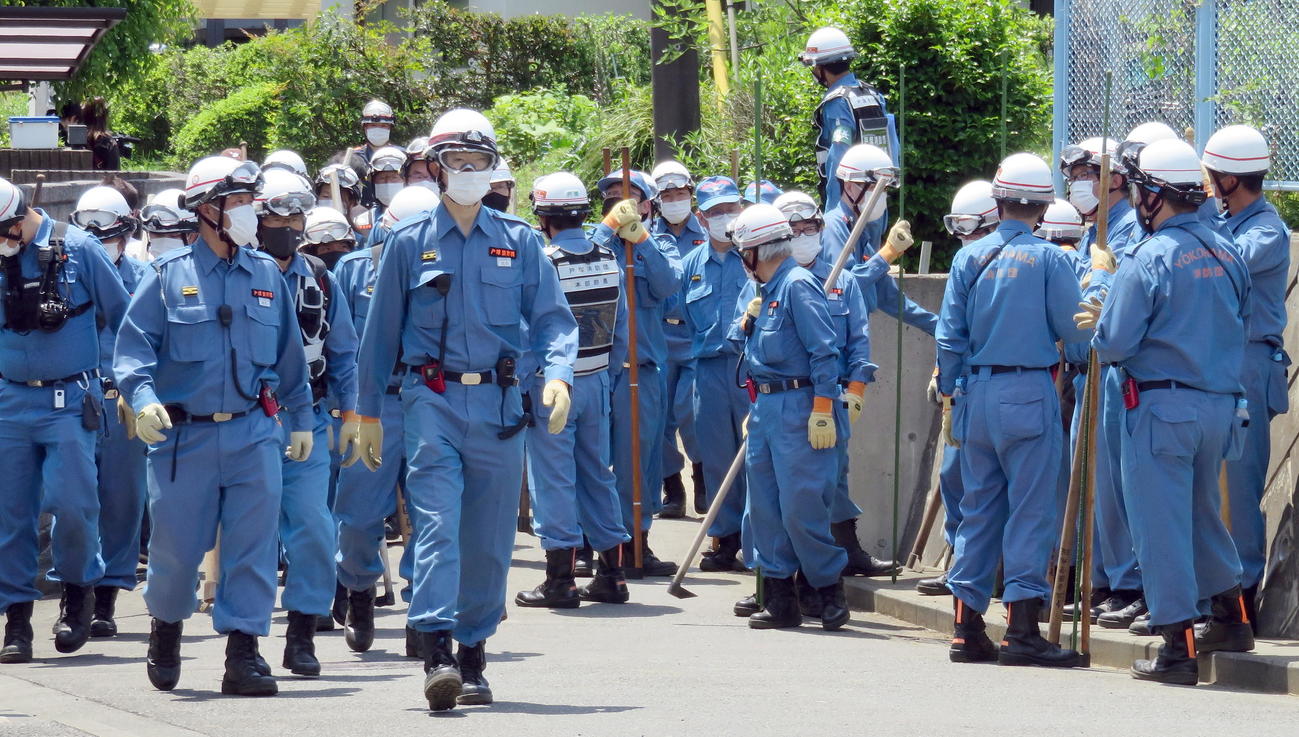 アミメニシキヘビを捜索する大勢の消防団員たち（撮影・鎌田直秀）