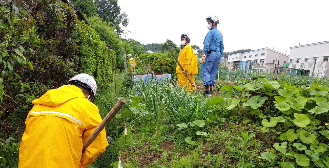 落ち葉の重なったり、草の密集する場所を捜索する消防隊員