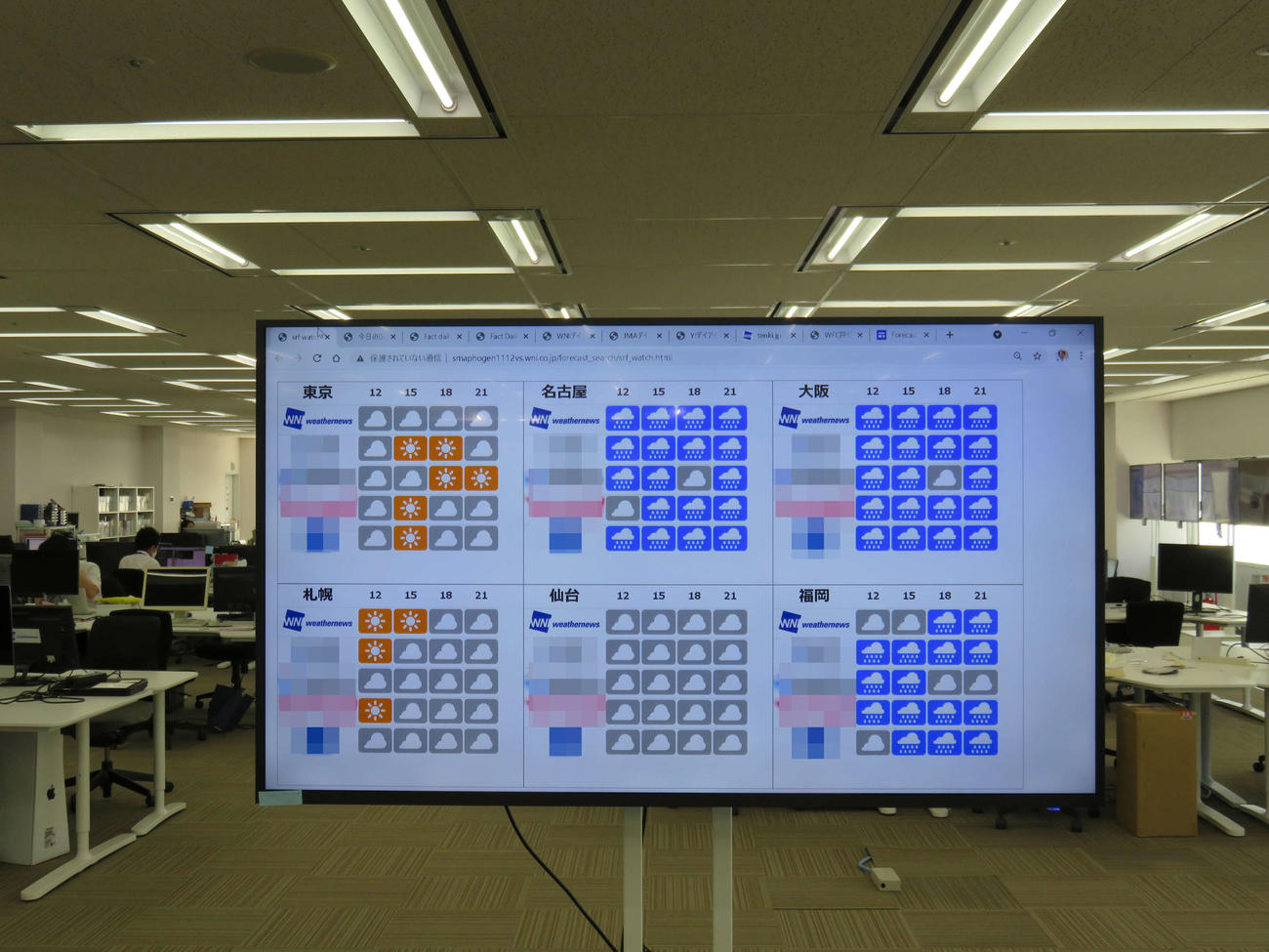 予報センターの画面には各社の予報が並ぶ（画像は一部加工）