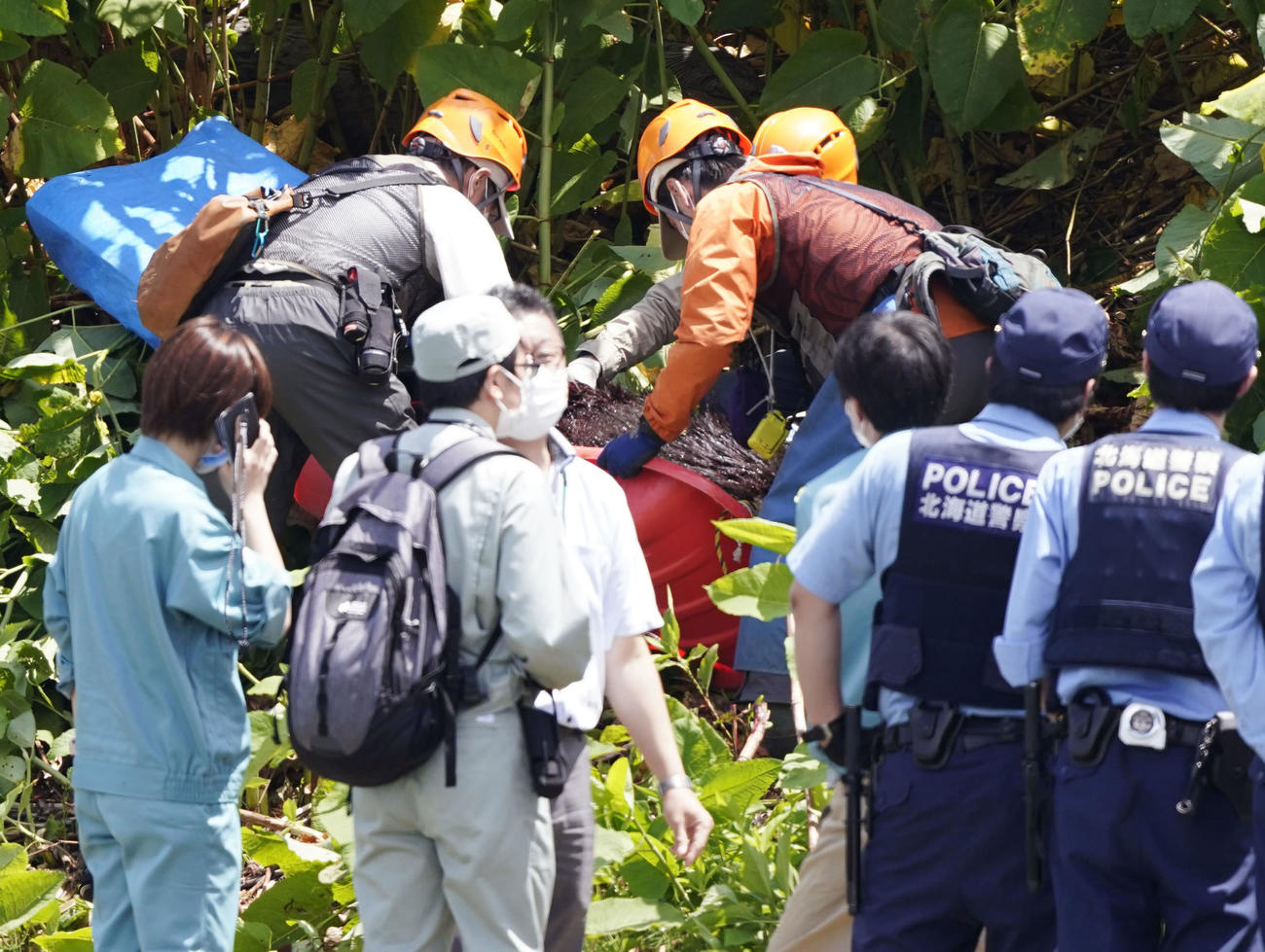 射殺されたクマを運び出す人たち（共同）