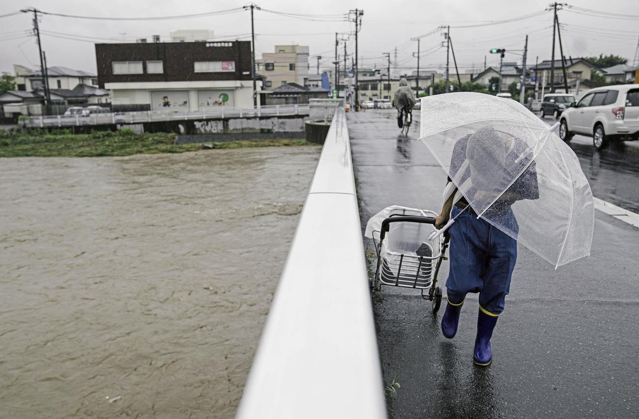 大雨の影響で増水した金目川＝3日午前10時17分、神奈川県平塚市（共同）