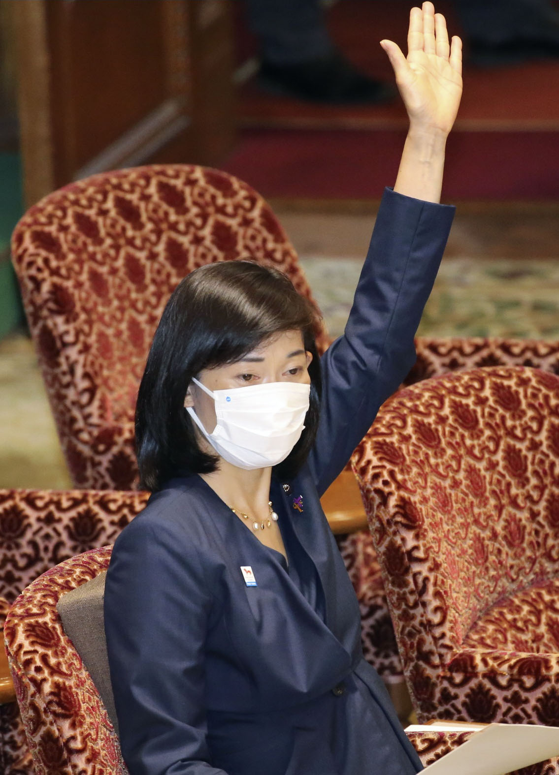 参院内閣委の閉会中審査で、答弁のため挙手する丸川五輪相（共同）