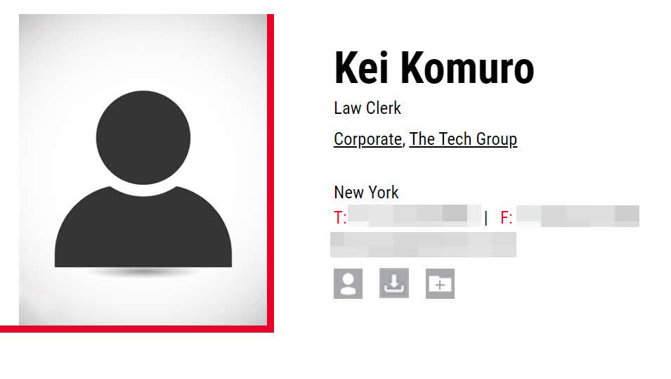 小室さんが働いているとされる米法律事務所はホームページで「Kei Komuro」「Law Clerk」などと紹介している（画像は一部加工）