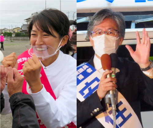 東松島市内で有権者とグータッチする自民党公認候補の森下千里氏　右は、ＪＲ石巻駅前で街頭演説を行う立憲民主党公認候補の安住淳氏（ともに撮影・鎌田直秀）