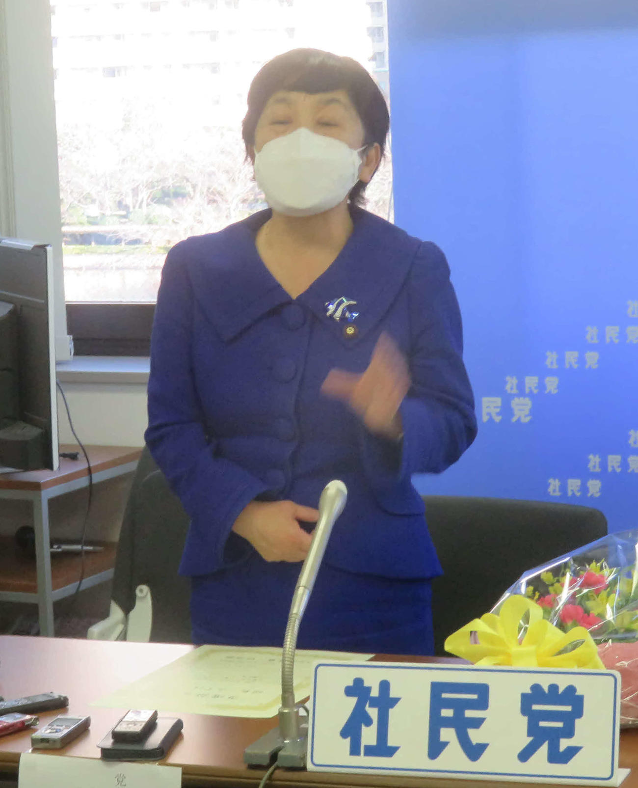 社民党の福島瑞穂党首は無投票で再選を果たし、夏の参院選へ意気込みを語った（撮影・大上悟）
